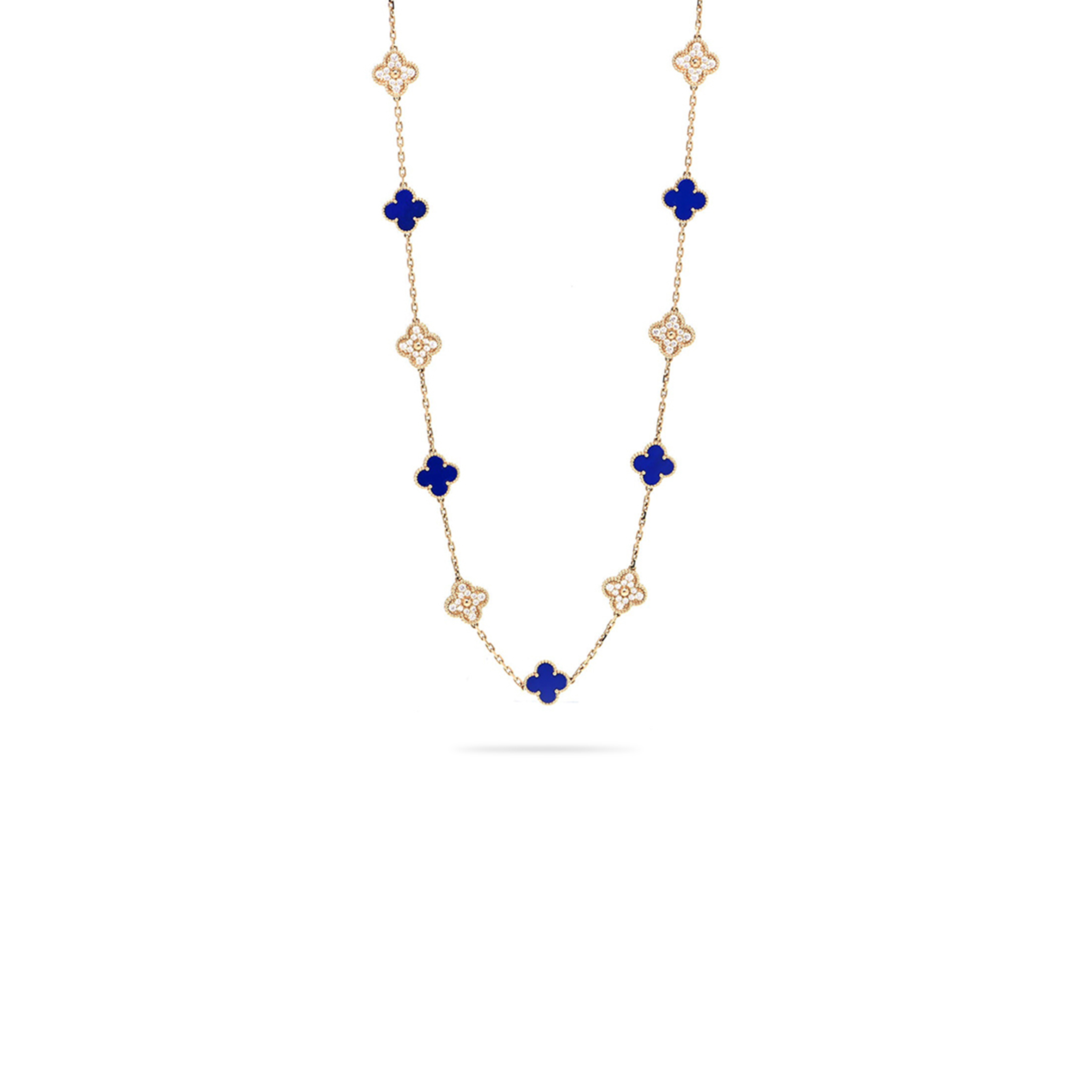 v*n cl**f arpels 18k yellow gold D1am0nd lapis 20 motifs vintage alhambra necklace